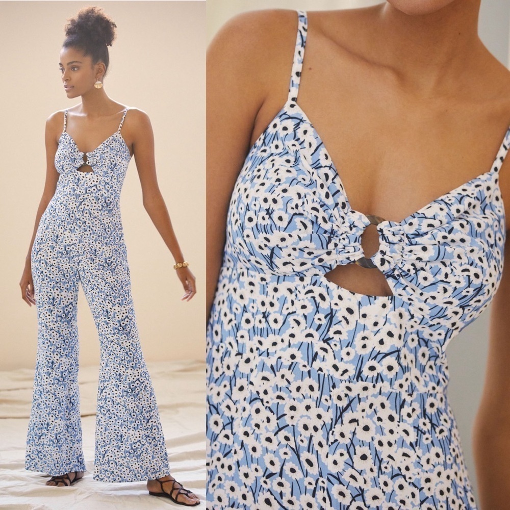 Hutch Anthropologie Ditsy Print Flare Wide Leg Jumpsuit Blue Floral Size Small